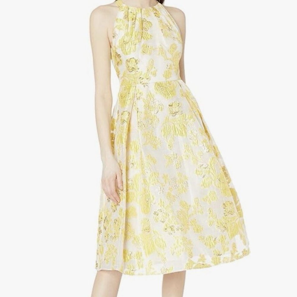 Adrianna Papell Dress 6 Jacquard Metallic Yellow Floral Fit Flare Lined NWT